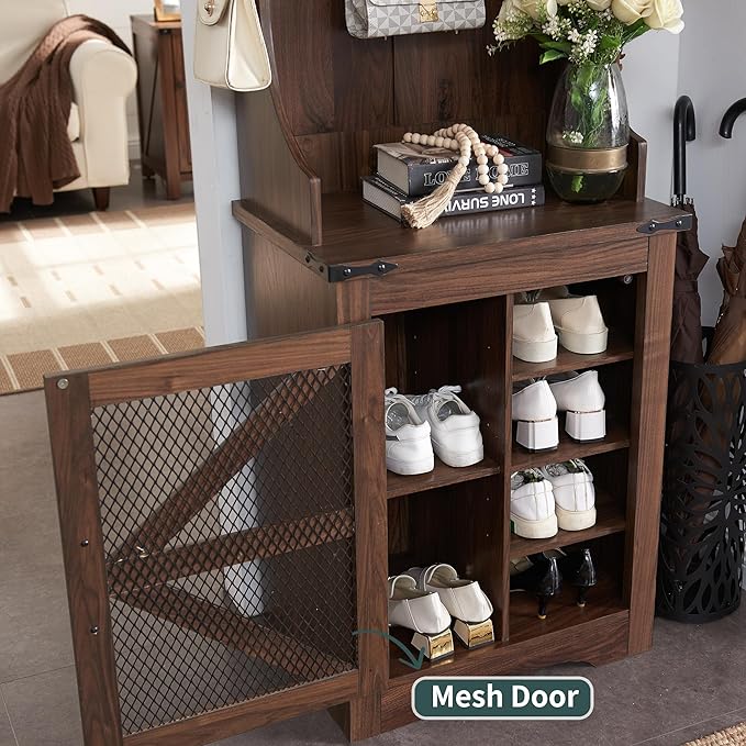 JXQTLINGMU 23" Farmhouse Hall Tree with Shoe Storage, Entryway Bench with 6 Cubbies, 5 Hooks & Barn Doors, Mudroom Coat Rack Cabinet, Brown-Ruum Studio Home