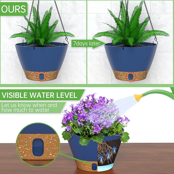 ZMTECH 2 Pack 10 Inch Hanging Planters for Outdoor Plants, Hanging Pots for Plants Indoor with Visible Water Level, Hanging Flower Basket with Drainage Holes & Removable Tray(Blue)-Ruum Studio Home