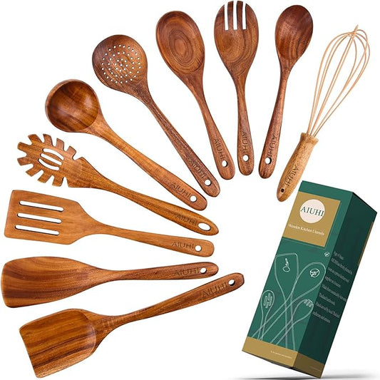 AIUHI 10 Pack Wooden Spoons for Cooking, Teak Wood Kitchen Utensils Set for Non Stick Use, Spatula Set for Stirring, Baking, Non Stick Wooden Utensils for Kitchen-Ruum Studio Home