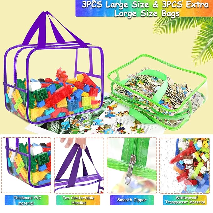 6 Colors Large Toy Storage Bags with Labels, Reusable Clear PVC Board Game Storage, Travel Waterproof Organizer Bags with Zipper for Building Blocks, Puzzle, Kids Books(3 large & 3 Widen X-Large)-Ruum Studio Home