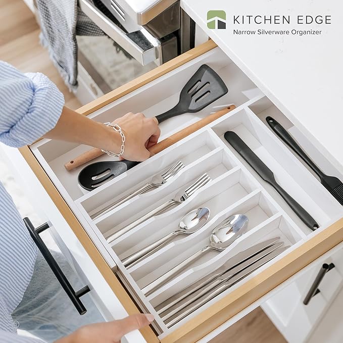 Premium Silverware, Flatware and Utensil Organizer for Kitchen Drawers, Food-Safe Contract Grade, Expandable from 10.5 to 19 In, White Bamboo-Ruum Studio Home