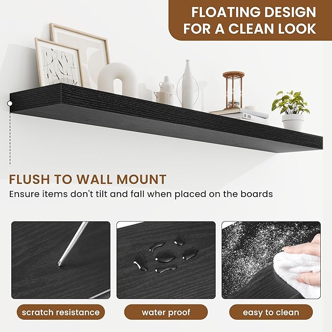 fuqing Floating Shelves for Wall, Bathroom Shelf Wall Mounted for Storage, Shelves with Invisible Bracket for Bedroom, Kitchen, Living Room, Farmhouse Small Book Shelf, 55 Inch Set of 2, Black-Ruum Studio Home