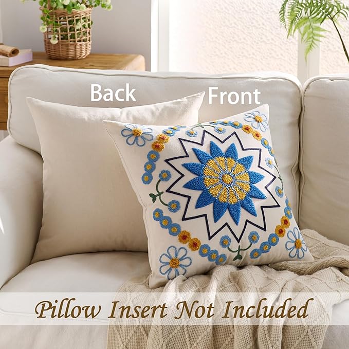 Embroidered Throw Pillow Cover 18x18 Classic Boho Floral Pattern Pillows Cover Outdoor Decorative Pillowcase,Durable Cozy Textured Cushion Case for Sofa Couch Bed Living Room,Blue Orange-Ruum Studio Home