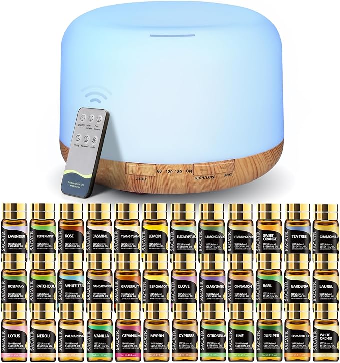 SACATR Essential Oil Diffusers for Home with 36 Oil Diffuser Sets, 500ml Aroma Diffuser for Essential Oils Large Room, Ultrasonic Cool Mist Diffuser Auto Shut-Off 4 Timers 15 Colors (36x5mL)-Ruum Studio Home