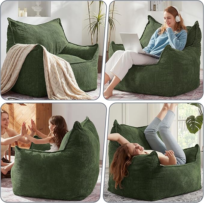 Giant Bean Bag Chair Sofa for Adults Teens, Comfy Corduroy Large Bean Bag Chairs with Armrests for Bedroom Living Room, Adult BeanBag Lazy Sofa Couch Chairs with Filler Included-Ruum Studio Home
