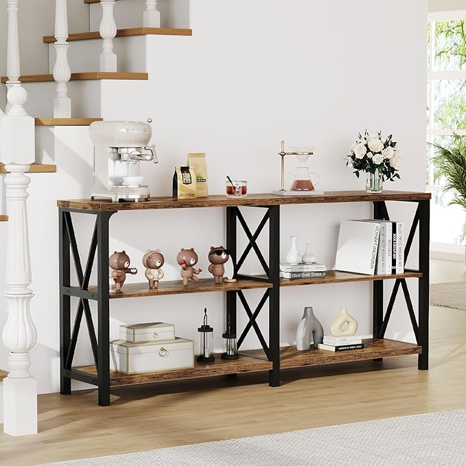 LVB Rustic Console Table, Industrial Wood Metal Sofa Table Behind Couch, Farmhouse Long Entryway Table with Storage Shelf, Large Wooden Foyer Hallway Table for Entry Living Room, Rustic Brown, 63 Inch-Ruum Studio Home
