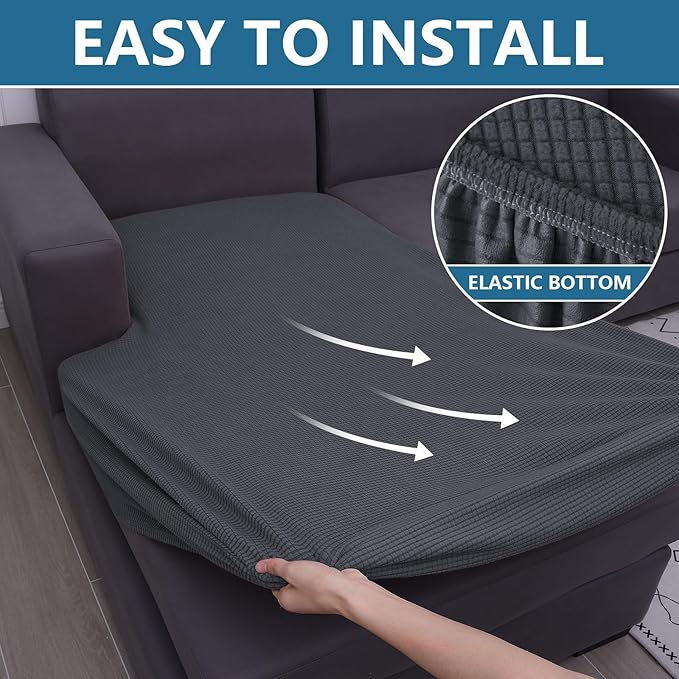 hyha Waterproof Couch Cushion Covers, Sectional Sofa Cushion Slipcovers L Shape, Thick Stretch Jacquard Fabric, Washable Chaise Lounge Cover with Elastic Bottom (1 Piece for Chaise, Grey)-Ruum Studio Home