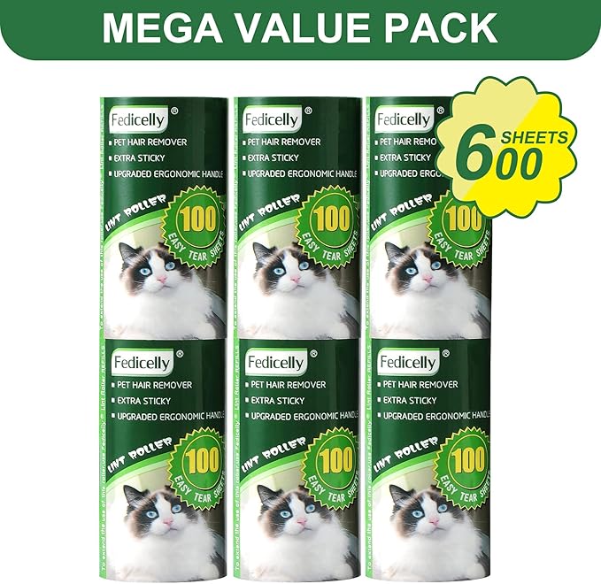 Fedicelly Lint Rollers Pet Hair Extra Sticky Refills,Mega Value Set 600 Sheets for Cat and Dog Hair Removal,100 Sheets Per Roller (Pack of 6)-Ruum Studio Home