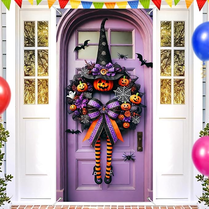 Halloween Witch Wreath Door Cover 71x35 Inch Holiday Front Porch Door Banners Decoration Purple Pumpkin Spider Web Bat Background Hanging Banner for Indoor Outdoor Spooky Party Decor-Ruum Studio Home