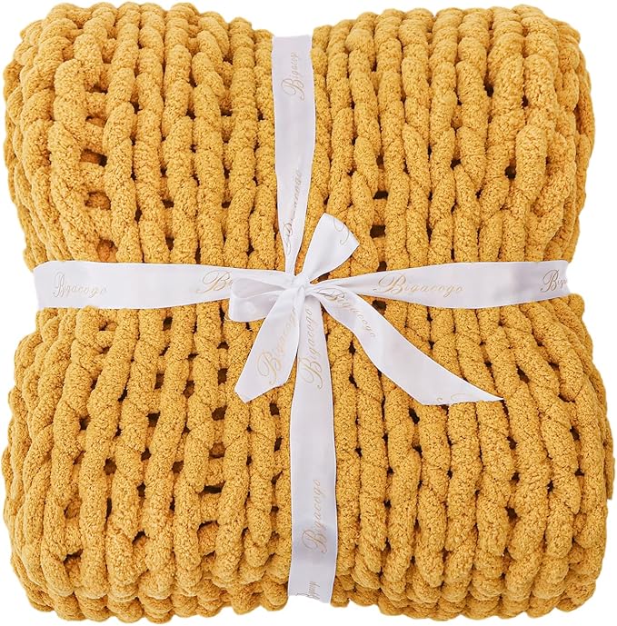 Bigacogo Chunky Knit Throw Blanket for Couch, 40x40 inches, 100% Hand Knitted with Thick Jumbo Chenille Yarn, Cozy Soft Large Rope Knot Cable Crochet Blankets for Sofa Bed Living Room, Mustard Yellow-Ruum Studio Home