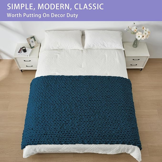 Bigacogo Chunky Knit Throw Blanket for Couch, 40x80 inches, 100% Hand Knitted with Thick Jumbo Chenille Yarn, Cozy Soft Large Rope Knot Cable Crochet Blankets for Sofa Bed Living Room, Deep Sea Blue-Ruum Studio Home