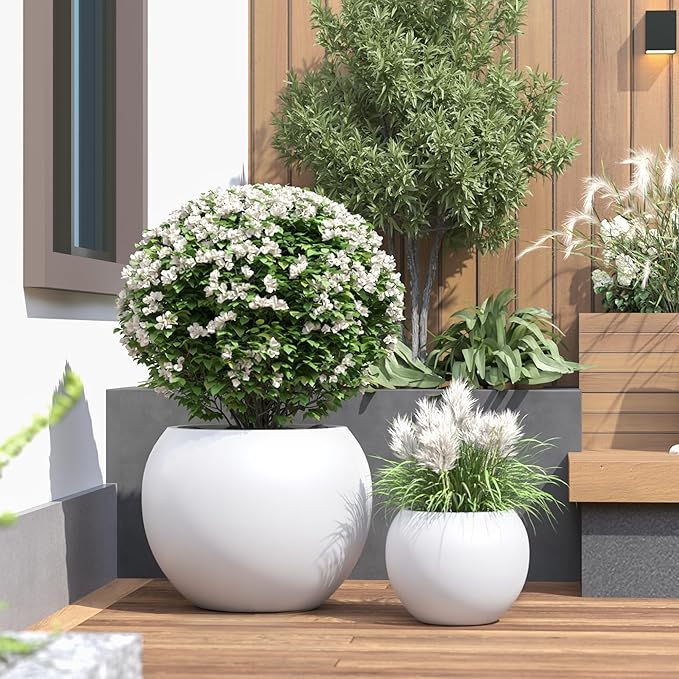 DTY Signature Mount Sherman Lightweight Durable Modern Fiberstone Sphere Planter for Indoor & Outdoor Drainage Hole & Rubber Plug Weather Resistant, 17" H x 21" Dia, 14.4" Opening - Large, White-Ruum Studio Home