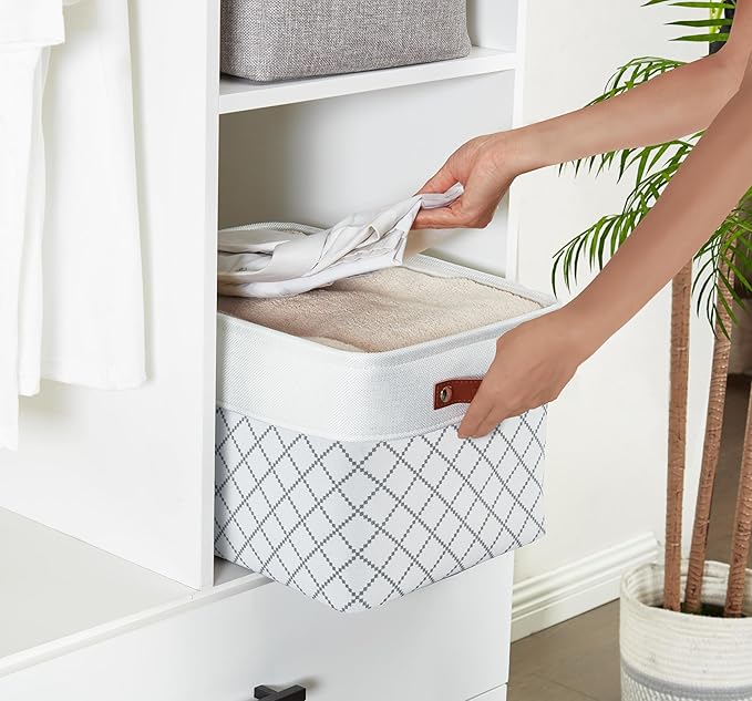 DECOMOMO White Storage Bins Fabric Storage Baskets for Shelves, Linen Closet Organization Toys Nursery (White Check, Large - 3 Pack)-Ruum Studio Home