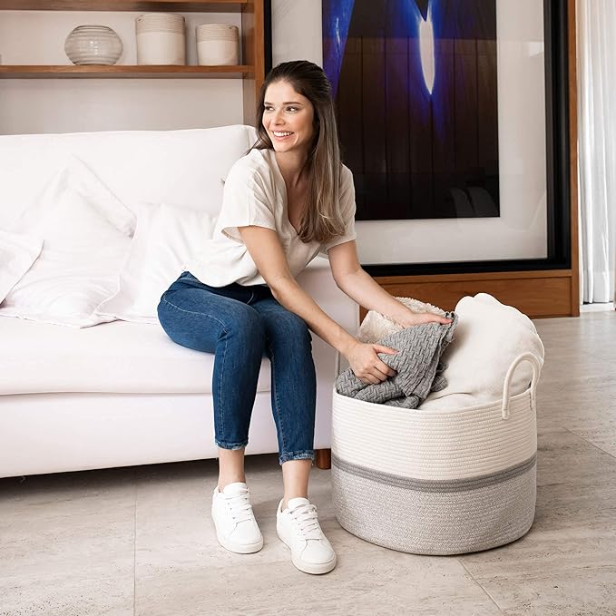 OrganiHaus Extra Large Blanket Basket for Living Room 20x13, Natural Cotton Rope Laundry Basket, Sturdy Hamper for Toy Storage, Cushions & Pillows Storage Bin, Nursery Decor Hamper - White/Gray-Ruum Studio Home