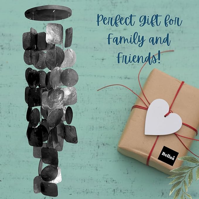 Bellaa 24995 Wind Chimes Outdoor, Garden Decorations, Musical, Indoor/Outside Windchimes, Beach, Ocean Breeze, Gifts for Mom, Gift for All Occasions, Capiz Sea Glass Shells Wood 27 inch Black-Ruum Studio Home
