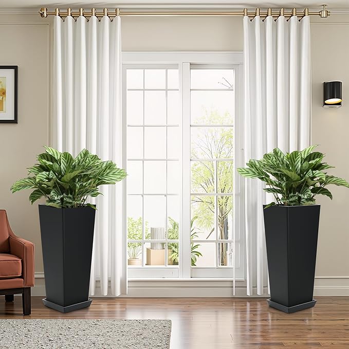 FENCY Set of 2 Tall Planters for Outdoor Plants, 24 Inch Large Tapered Pots with Drainage Trays, Weather-Resistant Plastic Plant Containers for Patio, Porch, Garden, Front Door Decor,Black-Ruum Studio Home