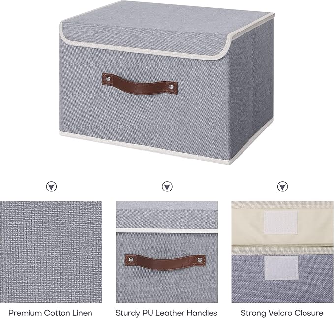 ANMINY 4PCS Storage Bins with Lid PU Leather Handles Storage Boxes PP Plastic Board Decorative Foldable Lidded Cotton Linen Fabric Home Cubes Baskets Closet Organizer Containers - Gray, Large Size-Ruum Studio Home