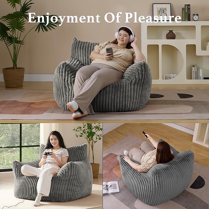 Giant Plush Bean Bag Chair for Adults with Armrests - Oversized Comfy Light Grey Beanbag Lounge Lazy Floor Sofa Accent Chair for Living Room, Bedroom & Dorm, Cozy Fluffy Single Cloud Mini Couch-Ruum Studio Home