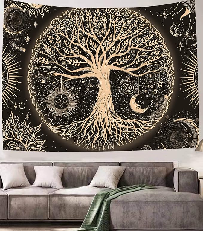 FORATER Tree of Life Tapestry Wall Hanging Sun Moon Stars Tapestries Aesthetic Galaxy Wall Tapestry Nature Home Decoration for Living Room Bedroom(61 x 82 Inch, Black and Gold)-Ruum Studio Home