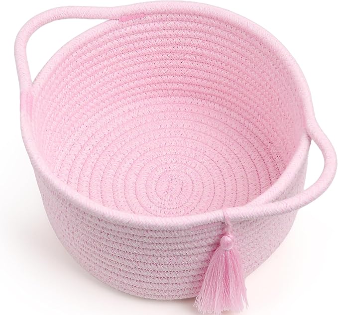 Small Cute Empty Gift Basket Little Woven Rope Organizer Baskets for Baby Shower Gifting, Makeup Brushes Holder, Bathroom- Decorative Vanity Storage Bins - 2 Pack, Pre-Shaped, Pastel Pink-Ruum Studio Home