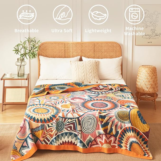 Vintage Throw Blanket Pure Cotton Soft Cozy Breathable Blanket for Couch Reversible Floral Printed Outdoor Throw Blanket Home Decor (60"x80",03-Colorful Art)-Ruum Studio Home