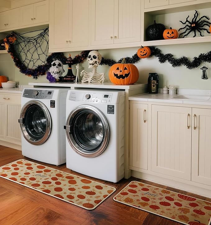 Halloween Kitchen Mat Set of 2, Pumpkin Kitchen Halloween Decor, Fall Decorations for Home, Halloween Rug for Floor,Indoor Home Decor with Non-Slip Backing,17 x 29 Inch & 17 x 47 Inch-Ruum Studio Home