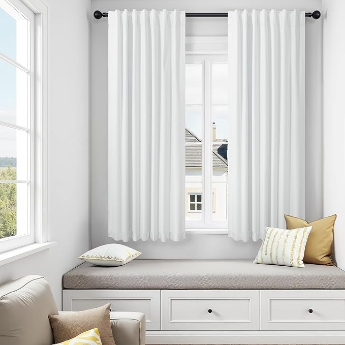 White Blackout Kitchen Curtains 45 Inch Length for Small Window Bedroom Cute Cottage Short Flax Linen Curtain 2 Panel Sets Heat Blocking Insulated Thermal Cafe Drapes Rod Pocket Back Tab 52 x 45 Long-Ruum Studio Home