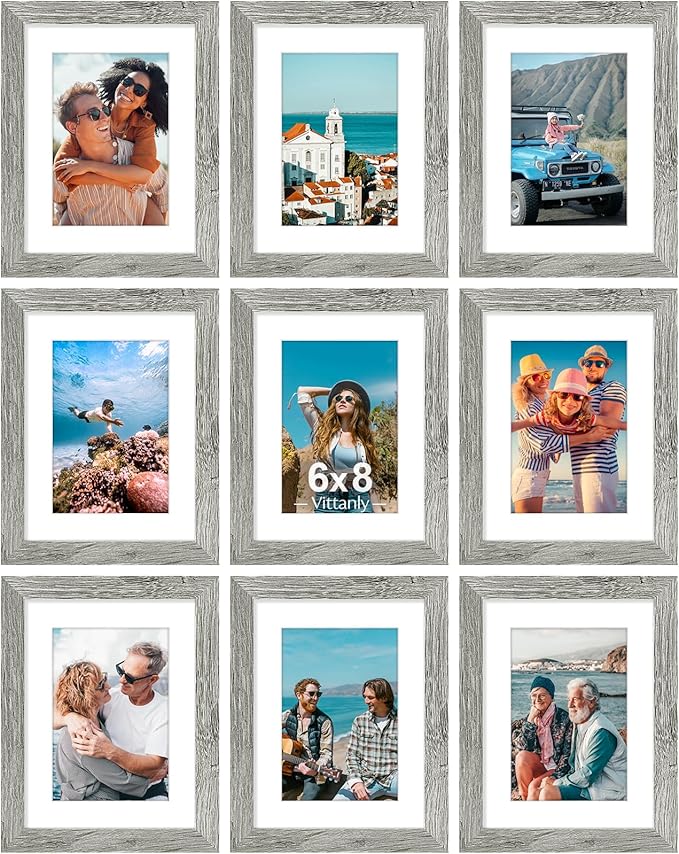 Vittanly 6x8 Picture Frames Set of 9, Shatter Resistant Plexiglass, Display 4x6 Pictures with Mat or 6x8 without Mat, Photo Frames for Wall or Tabletop, Engineered Wood, Grey-Ruum Studio Home