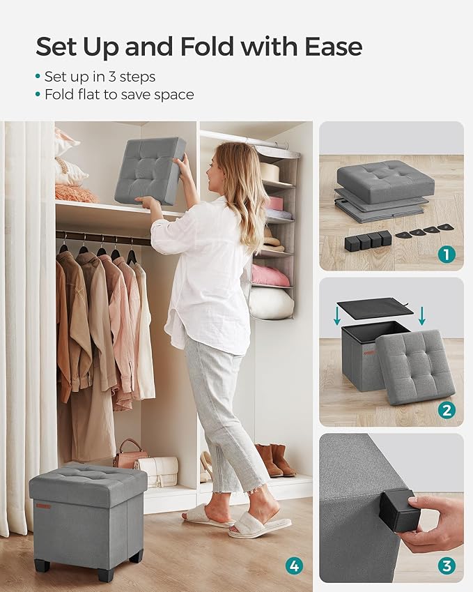 SONGMICS Storage Ottoman, Small Ottoman Foot Rest with Legs, 15 x 15 x 15.7 Inches Foot Stool, Load up to 660 lb, for Living Room, Bedroom, Dorm, Dove Gray ULSF014G02-Ruum Studio Home