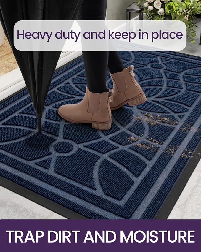 DEXI Front Door Mat Outside Entrance, Heavy Duty Non Slip Low Profile Doormat for Entryway, Trap Dirt and Moisture Welcome Mats, Easy Clean, Patio, Garage, 5x3, Blue-Ruum Studio Home