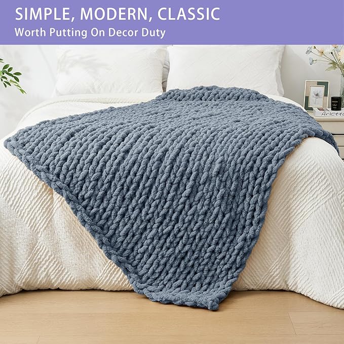 Bigacogo Chunky Knit Throw Blanket for Couch, 40x60 inches, 100% Hand Knitted with Thick Jumbo Chenille Yarn, Cozy Soft Large Rope Knot Cable Crochet Blankets for Sofa Bed Living Room, Cold Sea Blue-Ruum Studio Home