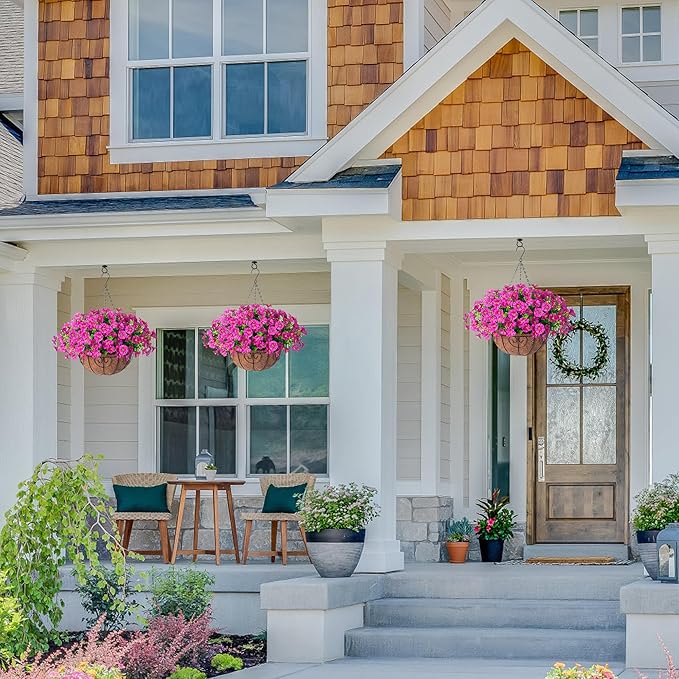 Ivydale Artificial Silk Hanging Plants Flowers Basket for Outdoor Outside Summer Decoration, Fake Faux UV Sun Resistant Look Real Morning Glory Fuchsia for Porch Patio Balcony Home-Ruum Studio Home