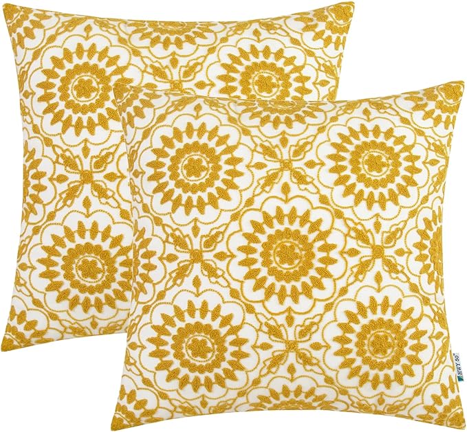 HWY 50 Mustard Yellow Decorative Throw Pillow Covers 18x18 Inch, Pack of 2 Embroidered Cotton Farmhouse Cushion Cover Pillow Case for Sofa Couch Living Room Bed Bedroon, Little Sunflower Design-Ruum Studio Home