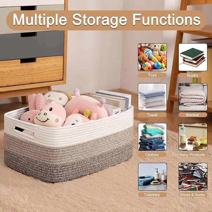 Large Storage Basket for Organizing, Woven Rope Basket for Shelves, Closet Organizer Bins for Clothes, Blanket, Toys, Baby Nursery Storage, 17.7" x 13" x 7.87", 2 Packs Yellow-Ruum Studio Home