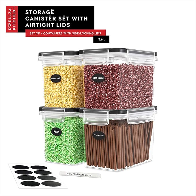 DWËLLZA KITCHEN Flour Sugar Storage Containers Set of 4; 3.6l Plastic Airtight Food Storage Containers with Lids for Kitchen Pantry Organization and Storage - Dry Food Containers, Labels & Marker-Ruum Studio Home