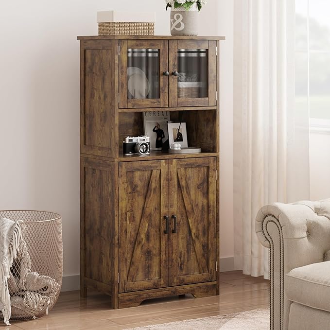 GarveeHome 54in Tall Bathroom Cabinet, Farmhouse Storage Cabinet with Glass Doors and Adjustable Shelves, Freestanding Kitchen Pantry Cabinets, Cupboard for Living Room, Dining Room, Rustic Brown-Ruum Studio Home