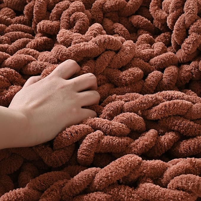 Esterra Chunky Knit Blanket Throw, 100% Handmade Chenille Throw Blanket 50"x60", Soft Thick Yarn Cable Knit Crochet Throw Blanket Rope Knot Throw for Couch Bed Sofa, Copper Brown-Ruum Studio Home