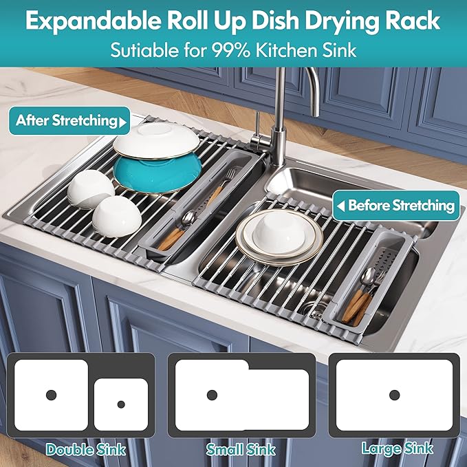 Roll Up Dish Drying Rack, Expandable (12.8"-23.8" D x 12.8" W) Stainless Steel Portable Drainer for Kitchen Sink Counter, Foldable Over The Sink Cover with Removable Utensil Holder-Ruum Studio Home
