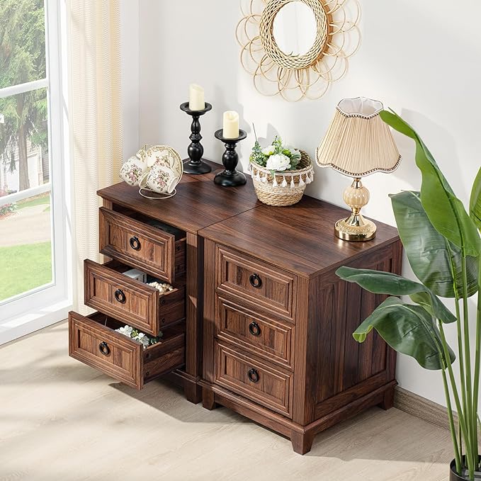 Farmhouse Night Stand Set of 2, 18" End Table with 3 Drawer Metal Handle, Dresser for Bedroom, Sofa Bed Side Table Chest of Drawers,Wood Nightstand Cabinet for Organizer, Living Room-Brown-Ruum Studio Home