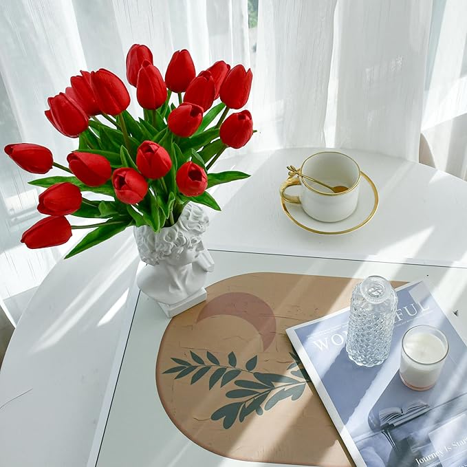 Mandy's Artificial Tulips 20 Stems Red PU Faux Flowers for Wedding Home Decor 13.5 Inch-Ruum Studio Home