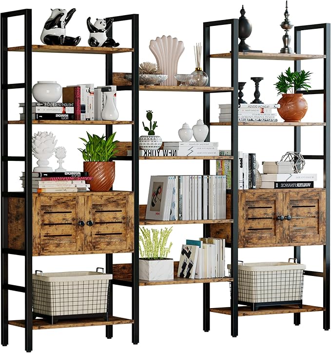 IRONCK Industrial Bookshelf and Bookcase with 2 Louvered Doors 5 Tiers Triple Wide Display Shelf with Storage Cabinet for Living Room Home Office-Ruum Studio Home