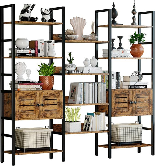 IRONCK Industrial Bookshelf and Bookcase with 2 Louvered Doors 5 Tiers Triple Wide Display Shelf with Storage Cabinet for Living Room Home Office-Ruum Studio Home
