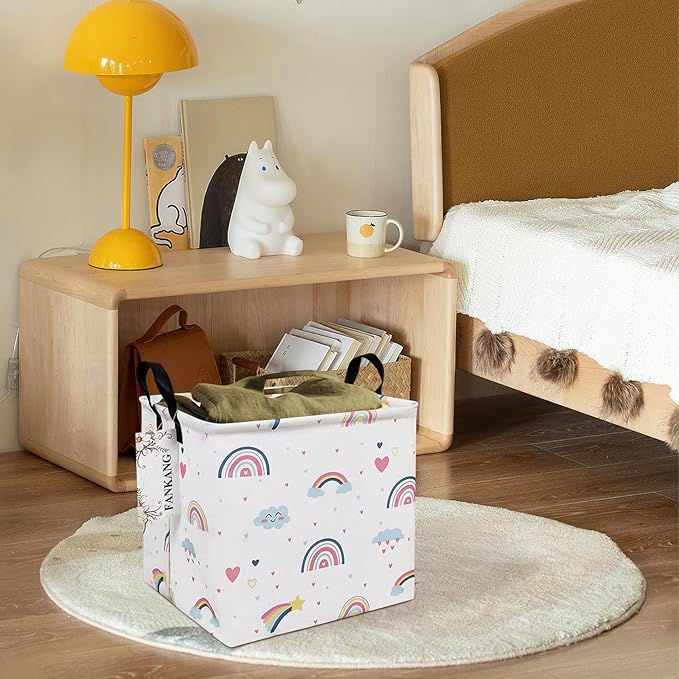 FANKANG Square Nursery Hamper Storage Bins Canvas Laundry Basket Foldable with Waterproof PE Coating Storage Baskets Gift Baskets for Children, Office, Bedroom, Clothes（Square-Love Rainbow ）-Ruum Studio Home