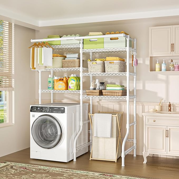 Ulif U13 Over Washer and Dryer Storage Shelves, 6 Tiers Laundry Room Standing Shelf with 2 Hanger Rods, Space Saver Clothes Drying Rack, 63.4" W x 22" D x 77.4" H, White-Ruum Studio Home