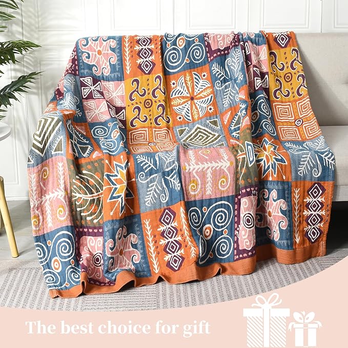 Boho Throw Blanket for Bed - 100% Pure Cotton Ultra Soft Rustic Quilt - Farmhouse Decor Bed Blankets, All Season Rustic Throw for Sofa Couch Chair(80''x 90'', Art Squares)-Ruum Studio Home