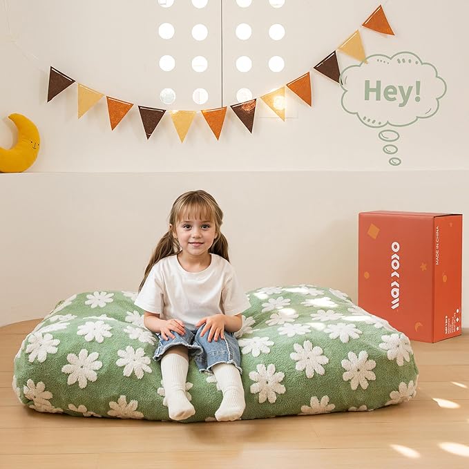 MAXYOYO Bean Bag Chair Bed for Kids, Convertible Bean Bag from Lazy Chair to Floor Bed, Fresh Floral Design Cover, Stuffed Floor Sofa Couch for Boys and Girls, High-Density Foam Filling, Green-Ruum Studio Home