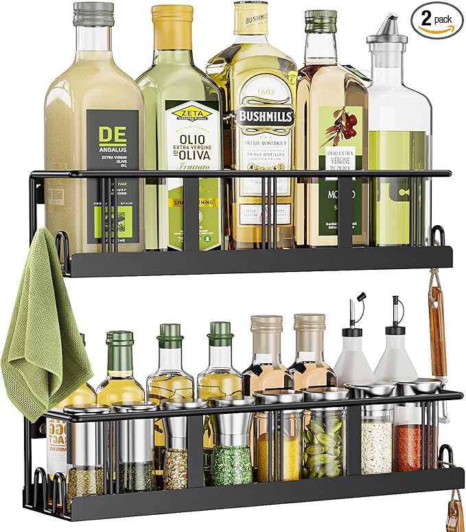Spice Rack Wall Mounted 2 Pack, Space-Saving Spice Organizer for Spice Jars and Seasonings,Screw or Adhesive Hanging Spice Rack Organizer for Your Kitchen Cabinet,or Pantry Door-Ruum Studio Home