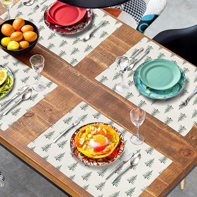 Pine Trees Christmas Placemats Set of 4 Xmas Tree Vintage Rustic Print Place Mats Winter Holiday Green White Farmhouse Linen Table Mats for Indoor Outdoor Kitchen Dining Party Decor-Ruum Studio Home