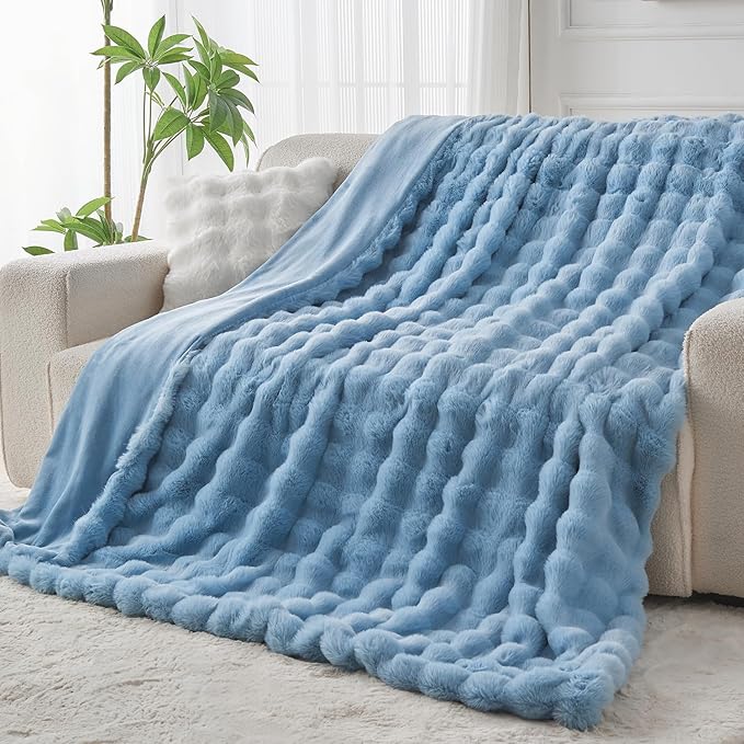 Lotus Karen Faux Fur Throw Blanket Sky Blue - Big Bubble Rabbit Fluff Blanket for Couch Bed Sofa,Softest Fluffy Fuzzy Cozy Blanket,Thick Furry Plush Shaggy Warm Blankets for Women,60x80 Inches-Ruum Studio Home