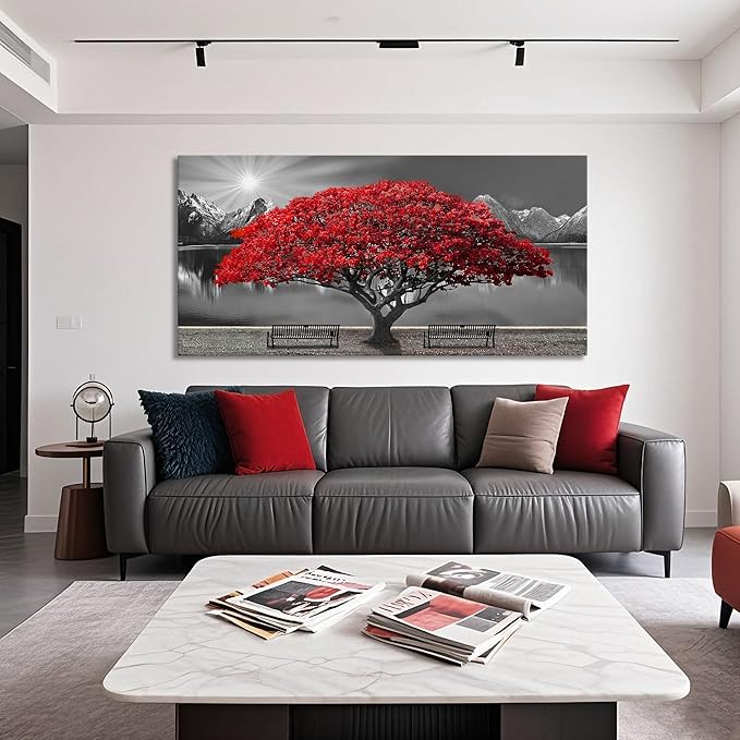 Black and White Red Tree Wall Art Canvas Print Picture Large Red Tree Landscape Modern Artwork for Living Room Bedroom Office Home Wall Decoration Decor With Frame 20x40in-Ruum Studio Home